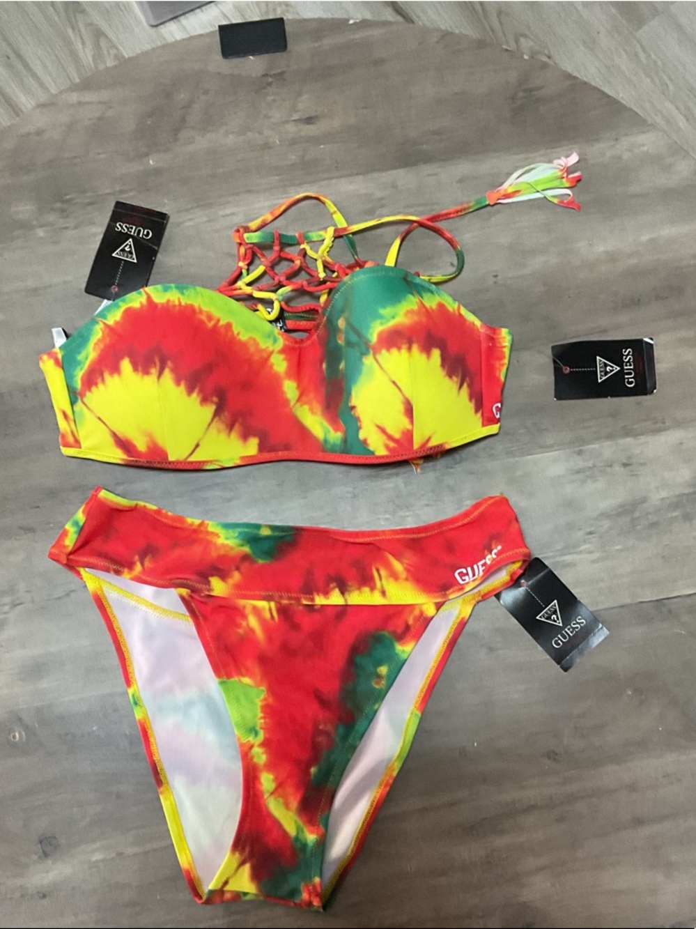 Guess Tie-Dye Lace-Up Bikini - Yellow Red Green
